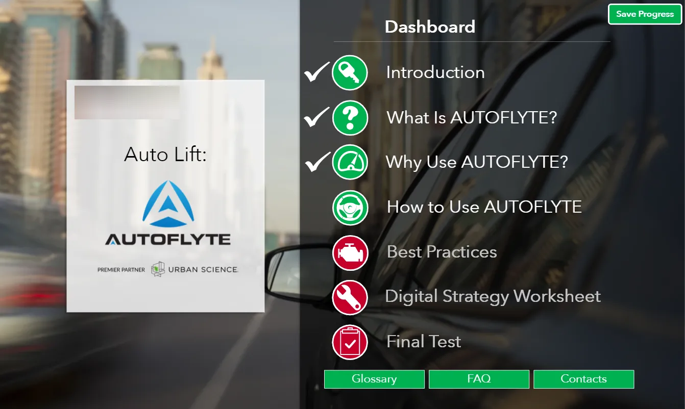 The course dashboard: seven sections beside round car-themed icons — key, question mark, speedometer, steering wheel, engine, wrench, clipboard — with check marks against the first three.