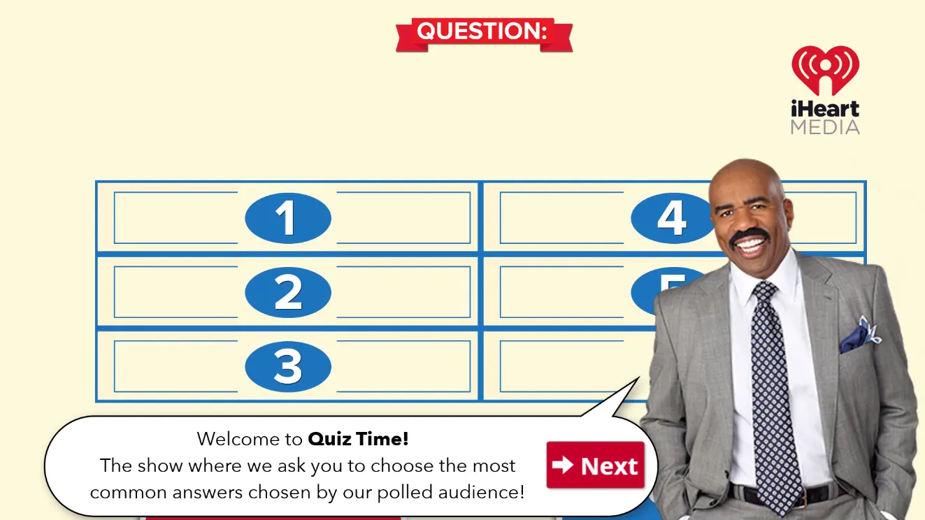 The Quiz Time opening screen: a game board of six blank numbered answer slots, a host photographed beside it, and a speech bubble welcoming the learner to the show.
