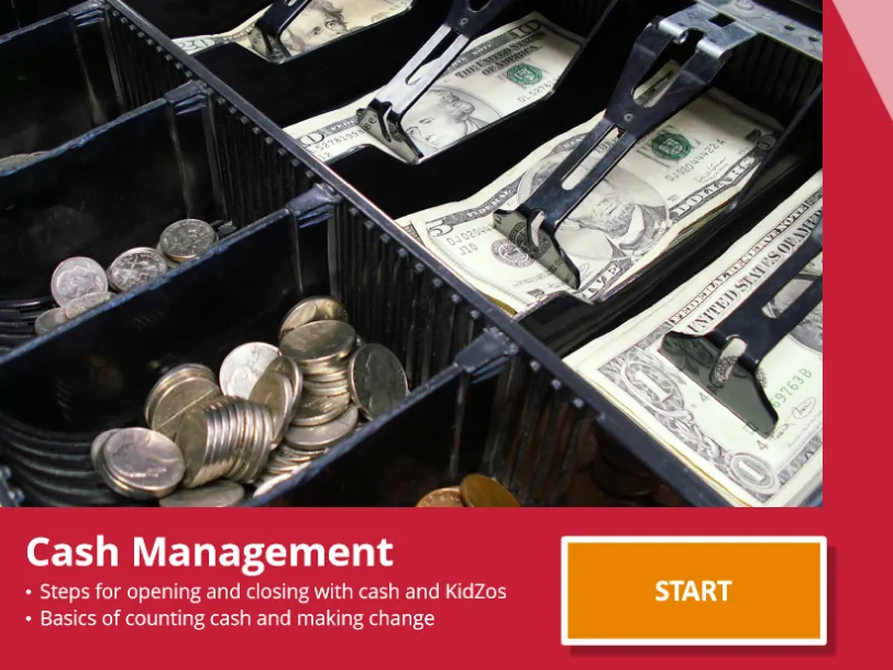 An open cash drawer full of bills and coins on the title screen of a course called Cash Management.