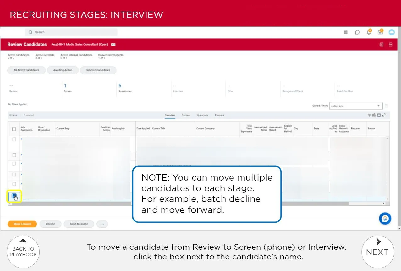 A candidate list in Workday under a red banner reading Recruiting Stages: Interview, with one checkbox beside a candidate ringed in yellow.